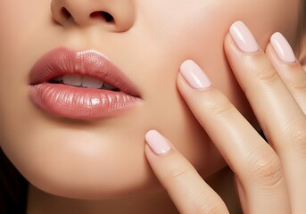 Fototapeta premium Close-up of womans face with light pink lips and nails.