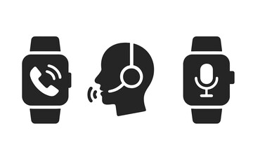 Glyph icons of smartwatch showing phone call, voice assistant, and a head with headset for push-to-talk communication. Wearable technology concept vector illustration.