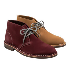 Two desert boots in burgundy and tan color isolated on transparent background