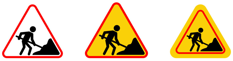 Road under construction, work in progress, under maintenance sign collection isolated on white background. Construction work warning sign. Worker with shovel sign vector