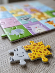 Fototapeta premium Colorful animal puzzle pieces on a wooden table.