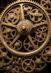 Intricate assemblage of aged cogwheels showcasing industrial heritage and mechanical complexity