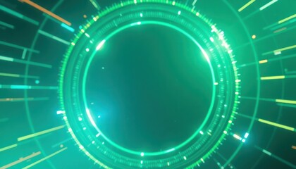 Abstract futuristic glowing green and turquoise circle with radiating lines, symbolizing data processing, digital technology, or modern innovation. Ideal for tech backgrounds.