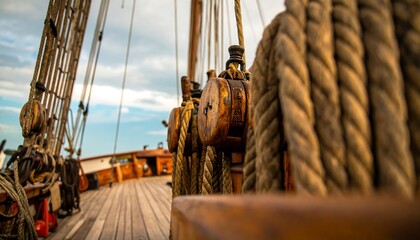 Obraz premium Close-up view of aged wooden ship's rigging, featuring intricate pulleys and thick, weathered ropes, creating a sense of maritime history and craftsmanship.