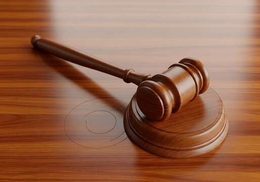 Wooden gavel on a polished wooden surface