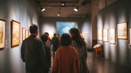 A group of diverse people viewing art in a gallery. The scene includes men and women of various ages and ethnicities, with framed paintings on the walls.