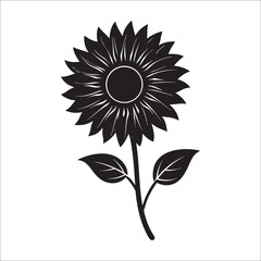 Elegant Black and White Sunflower Silhouette Vector Illustration with Detailed Petals and Leaves Isolated on White Background