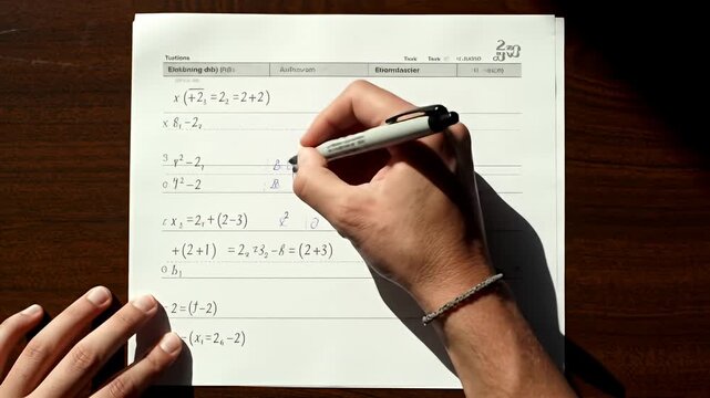 Hand writing math equations on lined sheet atop a dark wood surface