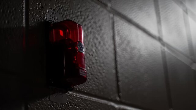 Blinking red alarm light mounted on dark, textured brick wall in dimly lit area