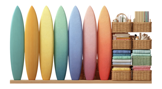 Colorful Surfboards with Storage Baskets on White Background