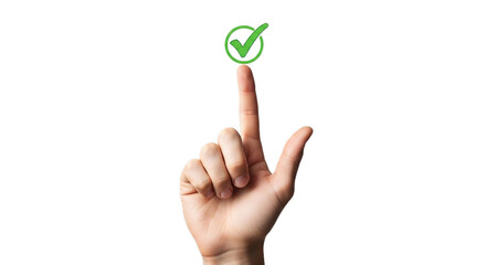 Hand with checkmark on white transparent background, PNG