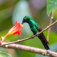 A vibrant hummingbird with iridescent green plumage sips nectar from a vivid orange-red flower.