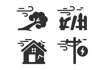 Wind damage icons solid filled vector set showing impact of strong wind on infrastructure with fallen tree, broken fence, damaged roof, power outage and electrical pole disruptions