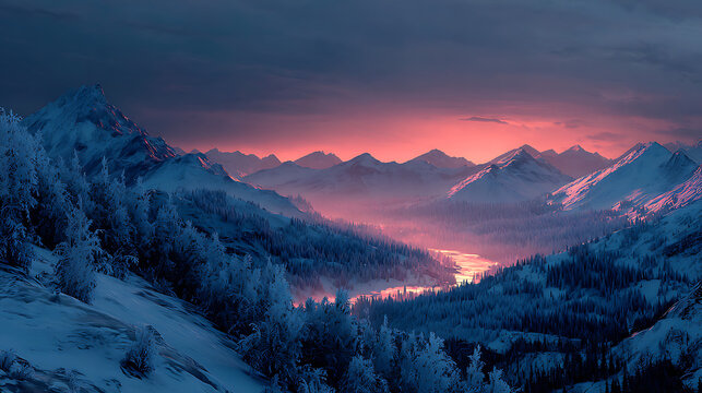 Majestic winter landscape at dusk with snow-covered mountains and a serene river view