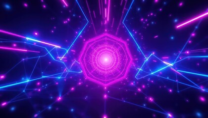 Dynamic neon light tunnel with glowing blue and pink lines, representing fast data flow, digital technology, and futuristic concepts. Ideal for tech, business, and virtual reality themes.