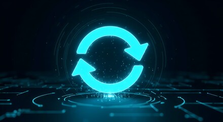 Glowing blue refresh icon over a digital circuit background. Concept of system update, synchronization, data processing, recycling, or continuous workflow.