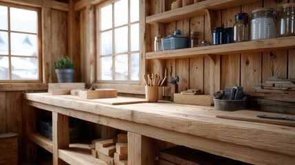 A rustic wooden workshop featuring shelves filled with jars and tools. The warm atmosphere invites creativity and craftsmanship.