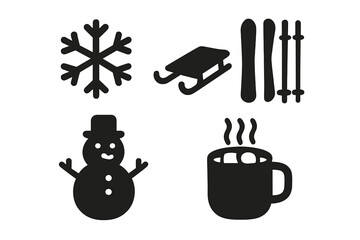 Winter Activity Icons Solid Filled Vector Set Featuring Snowflake, Sled, Snowman, Ski Equipment, Hot Chocolate, Holiday Fun Symbols on Transparent Background