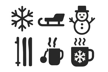 Winter Activity Icons Solid Filled Vector Set of Holiday Snowflake, Sled, Snowman, Ski Equipment and Hot Chocolate Cup with Steam on Transparent Background