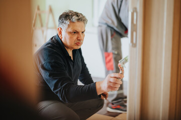 A professional painter concentrating on his task while holding a paintbrush inside a modern...
