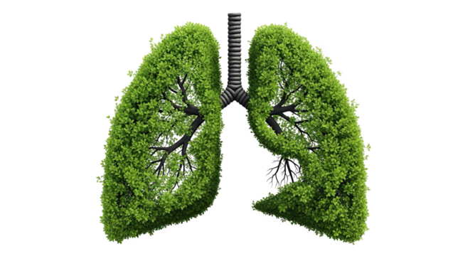 Green lungs made of lush moss and leaves symbolizing healthy breathing and environmental protection isolated on transparent background