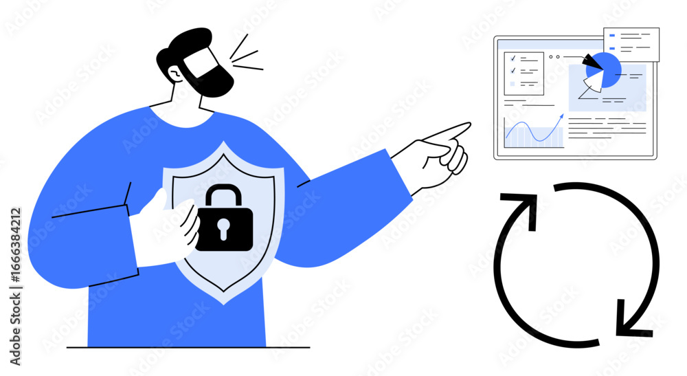 Fototapete man holding a secure shield, pointing to data analysis graphics with a rotation arrow. ideal for cyb