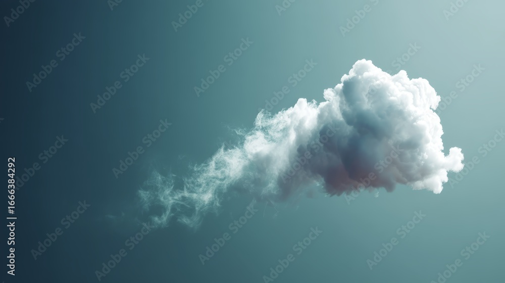 Poster closeup of a fluffy white cloud floating against a gradient blue sky with faint wisps trailing, symb