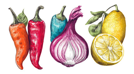 Colorful Sketches of Vegetables and Citrus Fruits on White Background