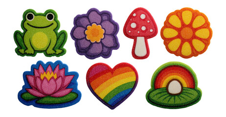 Fototapeta premium Colorful Clipart Elements with Frog, Flower, Mushroom and Rainbow