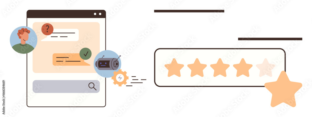 Poster browser window, chatbot question, and five-star rating representing customer interaction, feedback, 