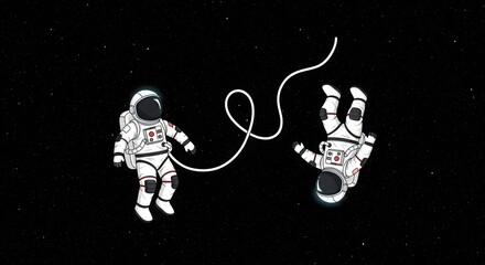 Two Astronauts Connected Tether Floating