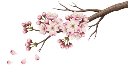 Fototapeta premium A beautiful branch of cherry blossoms with delicate pink flowers and falling petals. A symbol of spring and Japanese culture, isolated on a white background.