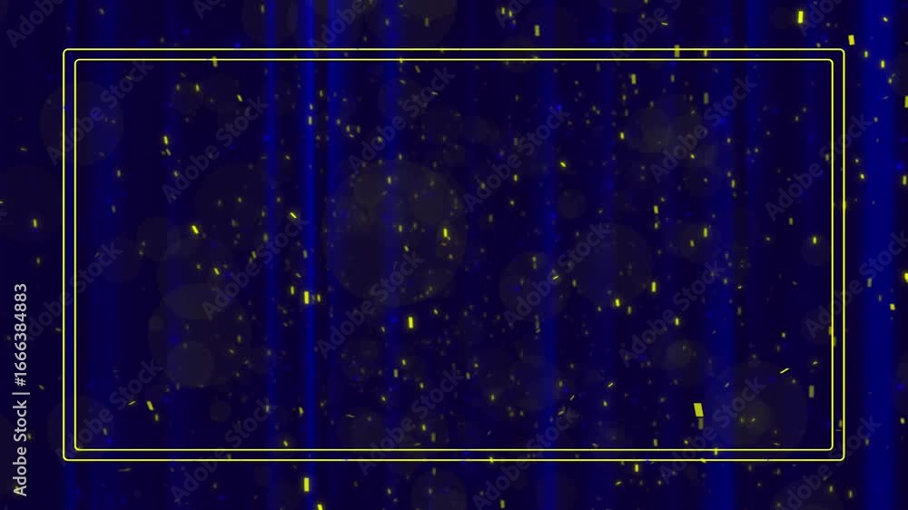 Poster animation showing blue curtain drape floating golden flakes glowing frame. for digital event templat