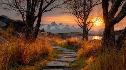 Fototapeta premium Autumn Path Leading To Mountains At Sunset