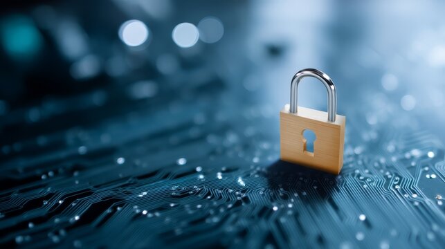 Digital security concept with glowing padlock hovering over circuit board with holographic effects for cybersecurity and data protection