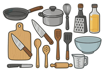 Kitchen utensils and cooking tools vector icon set. Culinary equipment for home cooking and baking. Pan, pot, knife, cutting board, spatula, and whisk cartoon illustration.