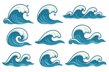 Set of stylized ocean waves. Japanese style sea wave collection. Cartoon vector illustration of surf, water splash, and tidal foam. Marine nature elements for creative projects.