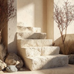 Beige Stone Steps With Plants And Rocks