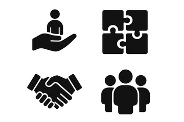 Teamwork icons grid with solid filled style, set of collaboration and support symbols including helping hand, puzzle pieces, handshake, group of people, vector illustration transparent