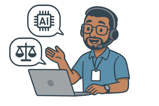 AI ethics and law concept. Technical support professional discussing artificial intelligence regulation, policy, and justice. Vector cartoon of a man with a headset and laptop.