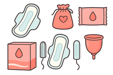 Feminine hygiene products for menstrual care. Period vector icons. Sanitary napkin, pad, tampon, menstrual cup. Intimate woman care concept. Women's health. Flat cartoon icons set.