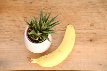 Conceptual creative bananas on wooden table, Ripe yellow bananas, rich in potassium, healthy...