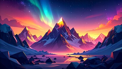 Vibrant Mountain Landscape with Aurora Borealis.