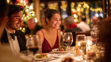 A young Hispanic woman with dark hair smiles at a festive dinner table. A young Caucasian man sits beside her, both enjoying a meal in a warmly lit restaurant.
