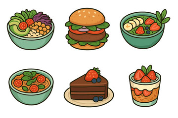 Vegan food collection vector icons. Plant-based meal set with burger, salad bowl, smoothie, pasta, cake, and dessert. Healthy eating, vegetarian diet cartoon illustrations.