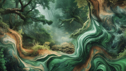 Abstract digital art flowing organic forms lush green and earthy tones textured movement