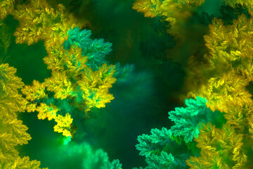 Fractal art resembling foliage. Leaves changing color from green to gold. Abstract background.