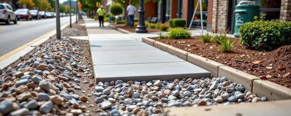 gravel used as a base for a concrete sidewalk installation in an urban environment with workers smoothing the surface.