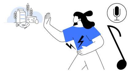 Woman turning away from food icons thumbs up fish, dairy, and wheat, with music-related elements such as microphone and note. Ideal for food allergies, lifestyle, diet choices, health themes