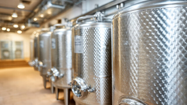 Stainless steel brewing tanks in a modern industrial brewery.